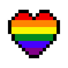 Logo lgbt. Mes del orgullo. Corazón estilo arcade con pixels con los colores de la bandera arcoiris