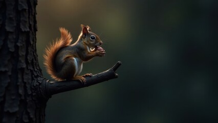 Obraz premium A fluffy-tailed squirrel delicately holds a nut, perched on a slender branch extending from a large tree trunk, bathed in the warm glow of the setting sun.