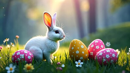 Adorable white easter bunny sitting in a field of colorful eggs and flowers - Powered by Adobe
