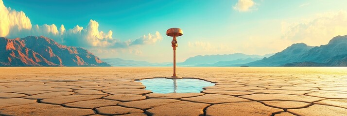 Desert landscape, futuristic structure, water puddle, sunset mountains, climate change