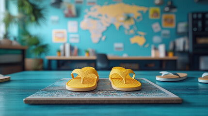 Two pairs of colorful sandals rest on a map, surrounded by an engaging bulletin board filled with notes and images, creating a lively office vibe that inspires creativity and exploration