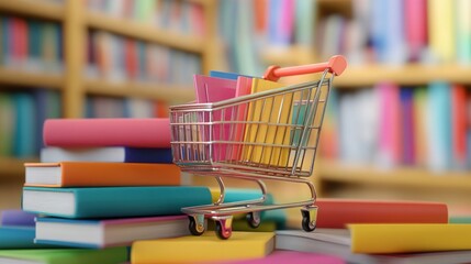 Books in shopping cart, library background, online book shopping