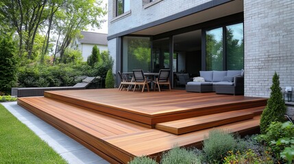 Fototapeta premium A modern wooden terrace with a sleek contemporary style, featuring clean lines, natural wood tones, and functional accents. The minimalist design creates an understated elegance