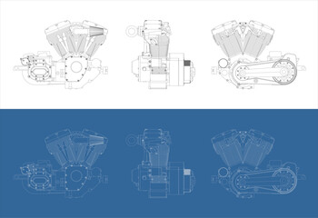 Set Motorcycle engine V-twin line drawing technical blueprints Illustration. vector isolated on transparent background