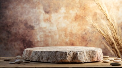 Display of a round stone on a wooden surface with a blurred background and decorative elements in a natural setting