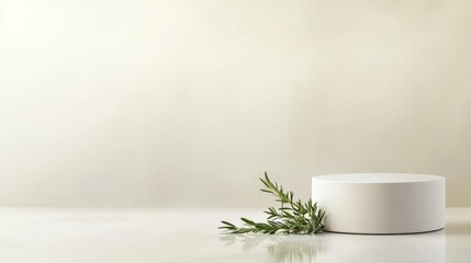 Simple white pedestal with a green sprig against a soft neutral background in a minimalist setting