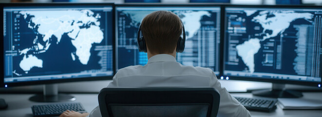 Professionals analyzing global data at their desks, focused on national security in a high-tech environment