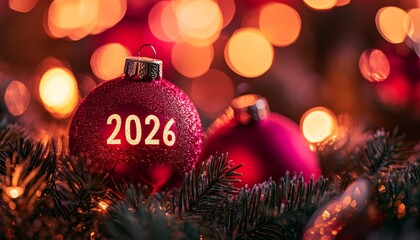 Red Christmas Ornament with 2026 for New Year Celebration Against Festive Bokeh Lights