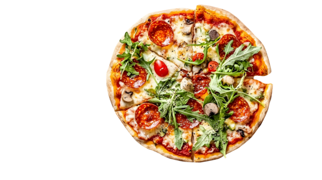 Pizza , margharita, pepperoni, arugula, funghi and hawaii, isolated on a transparent background, italian food