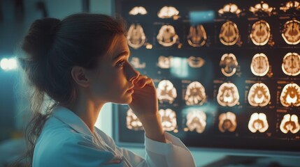 Doctor analyzing brain scans for potential disease or damage in medical clinic, focusing on neurological health diagnosis and advanced imaging technology