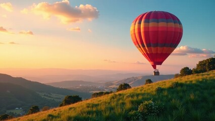 A vibrant hot air balloon gracefully ascends over a picturesque landscape, bathed in the warm glow of a breathtaking sunset, offering a tranquil and awe-inspiring view of rolling hills and valleys.