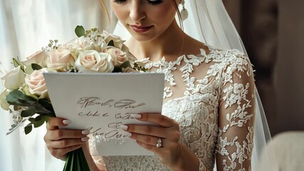 A bride showing her wedding invitation, with a classic and elegant dress code detailed in soft calligraphy.