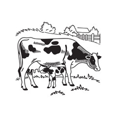 Friesian Cow and calf dairy farm vector silhouette line art illustration