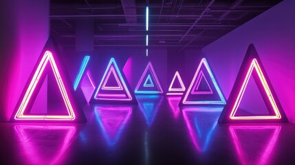 Neon art installation with a series of geometric shapes, primarily triangles, illuminated in vibrant hues of pink and blue, creating a captivating and futuristic atmosphere