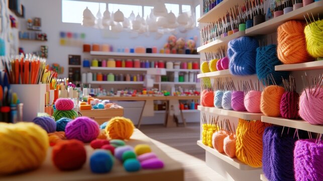 Well-stocked craft store overflowing with colorful yarn, paint, and other art supplies, creating a vibrant and inspiring atmosphere