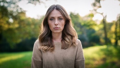 Upset woman looking at camera, in a park