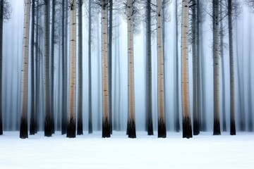 A serene view of tall birch trees in a snowy forest, fading into thick fog, creating a tranquil and mystical winter landscape
