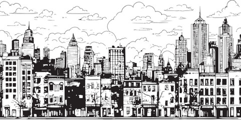Fototapeta premium City landscape. Line urban backdrop, different buildings on street, doodle street draw, outline cityscape hand sketch, flat houses. Hand drawn vector illustration