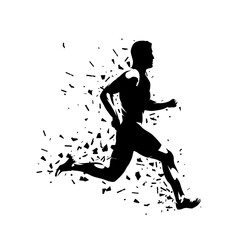 Run, running man, isolated vector silhouette with dispersion effect, side view. Runner clip art