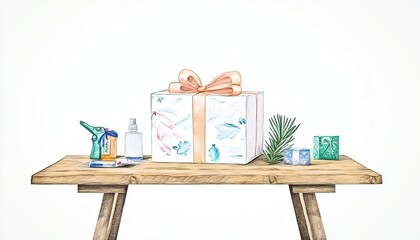 A beautifully wrapped gift box on a wooden table surrounded by decorative items and greenery, evoking celebration