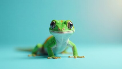 Obraz premium A Vibrant Green Gecko Posing Against a Light Blue Background, Exhibiting a Playful and Curious Expression