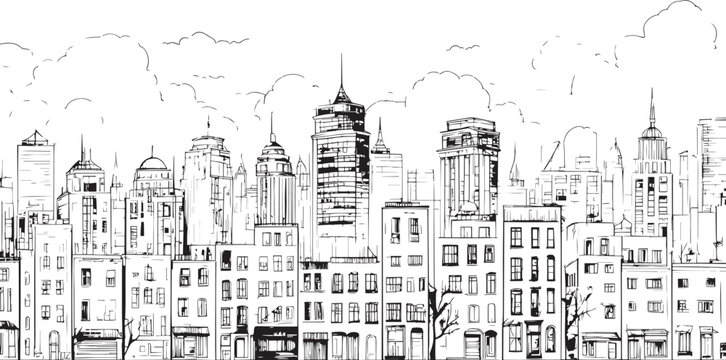 City landscape. Line urban backdrop, different buildings on street, doodle street draw, outline cityscape hand sketch, flat houses. Hand drawn vector illustration