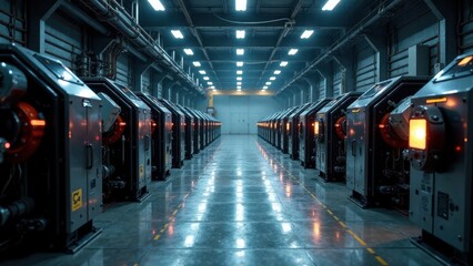 Fototapeta premium Industrial facility showcasing rows of sleek, high-tech machinery operating in a dimly lit environment