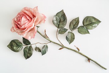 Elegant Pink Rose Blossom with Lush Green Leaves Isolated on White Background, Perfect for Design   