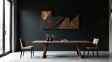 Modern minimalist dining room with geometric wall art and wooden table