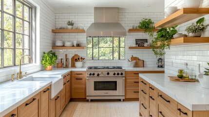 Modern Farmhouse Kitchen Design: Light Wood Cabinets, White Subway Tile, and Open Shelving