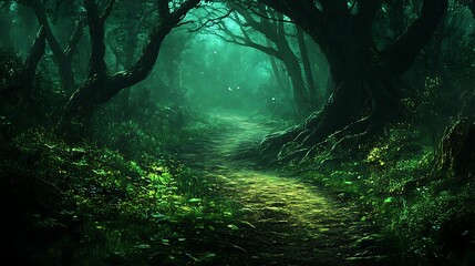 A Mysterious Path Through a Foggy, Green Forest