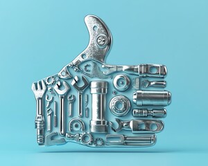 A 3D render featuring a thumbsup sign constructed from wrenches, hammers, and other tools, placed on a blue background, ideal for construction and engineering branding