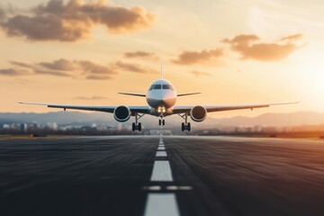 Fototapeta na wymiar Commercial airplane prepares for takeoff against a vibrant sunset sky at an airport runway