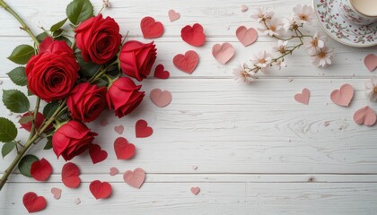 Red roses, hearts, tea, spring flowers, wood, romantic