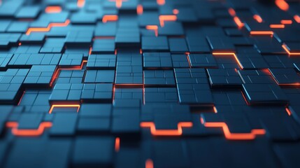 Obraz premium Digital art creativity and interactive, A close-up view of a textured surface with dark tiles and glowing orange lines creating a futuristic, digital pattern.