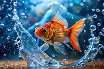 Macro Shot: Playful Fish in Orange Jumpsuit Dunking Basketball, Water Splashes