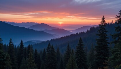Obraz premium Sunrise over misty mountain range, conifer forest