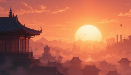 Obraz premium Sunset over Asian city, misty mountains, lanterns