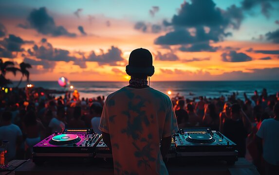 Outdoor beach festival at sunset with a DJ mixing, colorful lighting, and a vibrant crowd enjoying the music