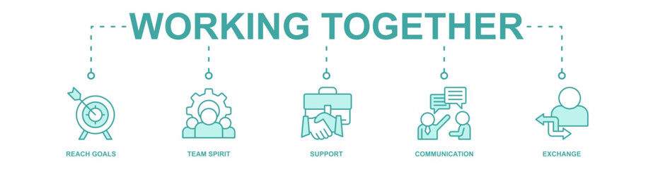working together banner web icon vector illustration concept for reach goals, team spirit, support, communication, exchange