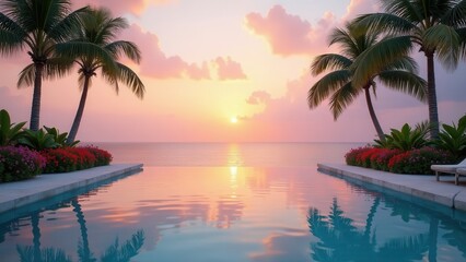 Serene Sunset Vista Infinity Pool Reflecting a Tranquil Ocean Scene with Lush Tropical Landscaping and Palm Trees