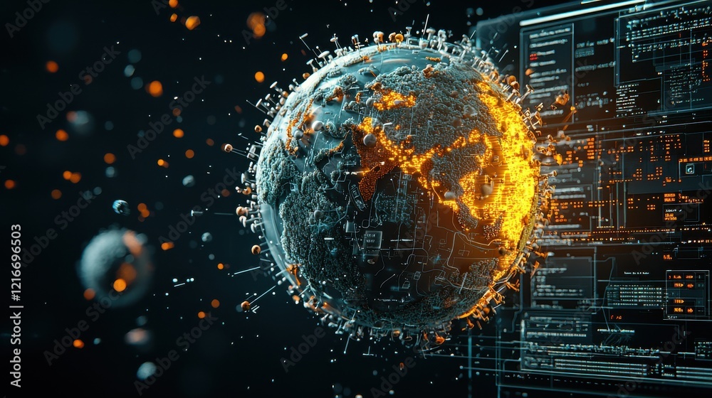 Poster visualizing virus particles impacting global health world map conceptual image scientific environmen
