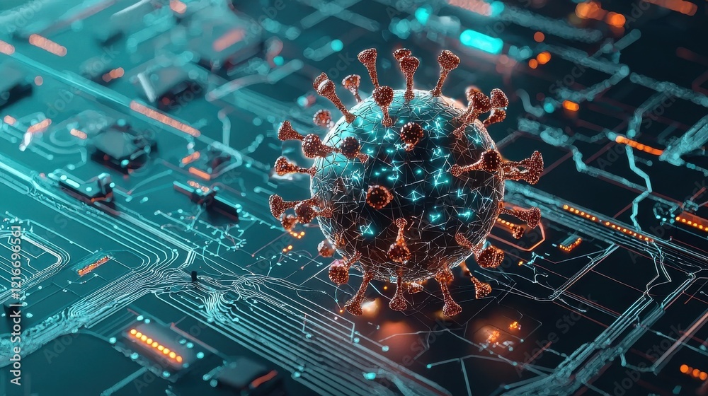 Fototapete Visualizing viral threats conceptual image of a virus particle overlaid on a map of standard health protocols digital environment scientific perspective