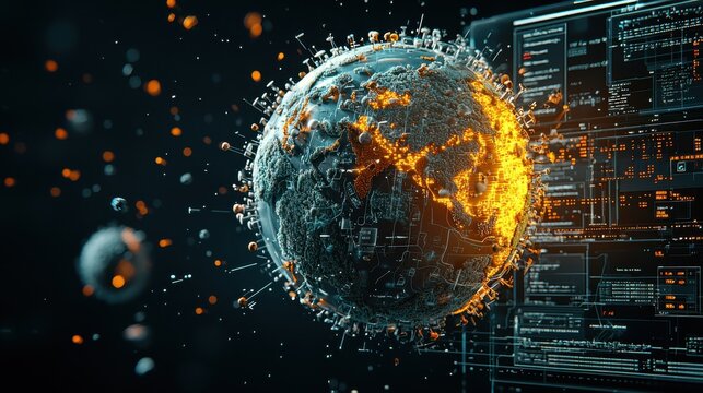 Visualizing virus particles impacting global health world map conceptual image scientific environment aerial view infection dynamics