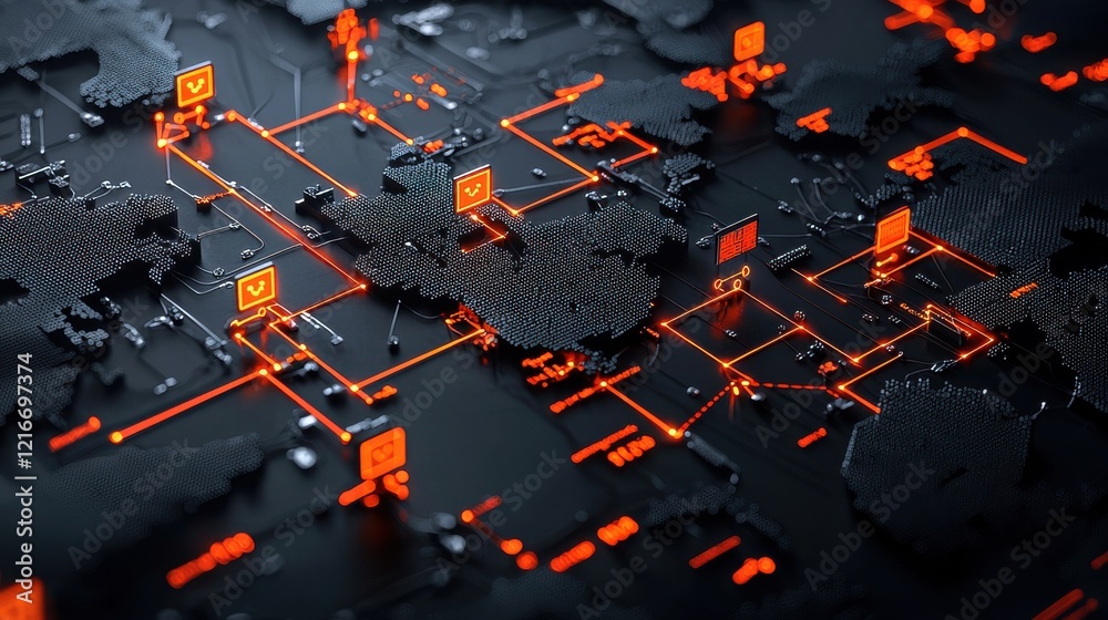 Aufkleber Virus spread dynamics global network digital visualization dark environment analytical perspective glowing red points signifying infection risk