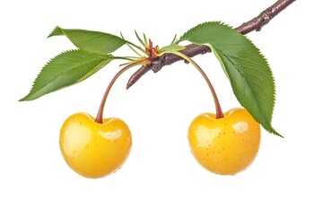 Golden Delight: A Ripe Yellow Cherry Hanging on a Branch, Summer Fruit tree leaf food farm sweet    