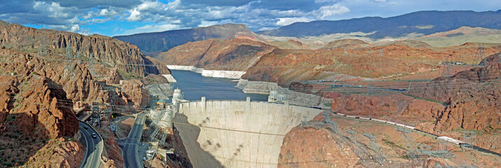 The Hoover Dam in Nevada , USA.. A concrete arch-gravity dam on the Colorado River, Nevada, USA