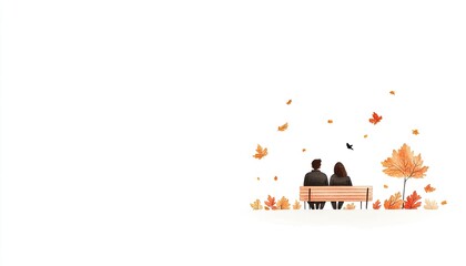A couple sitting on a bench surrounded by falling autumn leaves in a serene park setting