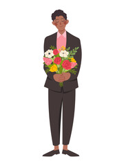 Black man with flowers. Black man in black suit holds bouquet of flowers. Flat vector character