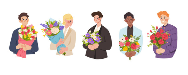 Man with bouquet of flowers. Man holding flowers. Gift for Women's Day, lovers, spring flowers. Vector elements for greeting card